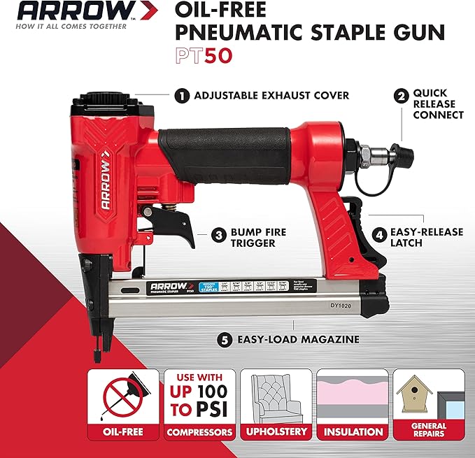 Arrow PT50 Oil-Free Pneumatic Staple Gun, Professional Heavy-Duty Stapler for Wood, Upholstery, Carpet, Wire Fencing, Fits 1/4”, 5/16”, 3/8", 1/2", 9/16” Staples, Red (Pack of 3)