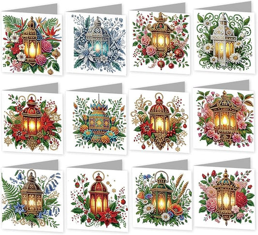 jinglinhh 12pcs Christmas Poinsettia Night Light Diamond Art Painting Greeting Cards with Envelopes, DIY Card Making Kits for Adults, Diamond Art Christmas Cards for Holiday Postcards Craft Gifts