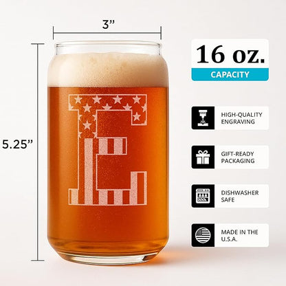 Monogram Beer Glasses for Men (A-Z) 16 oz - Beer Gifts for Men Brother Son Dad Neighbor - Unique Gifts for Him - Personalized Drinking Gift Beer Glass Mugs - Engraved Beer Can Glass (E)