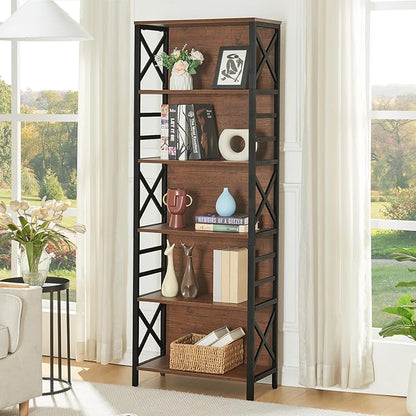 HOMBAZAAR 6 Tier Bookshelf, 65.8 Inch Tall Rustic Bookshelf with Metal Frame, Industrial Heavy Duty Bookshelves and Bookcases, Open Book Shelf for Office, Living Room and Library, Brown