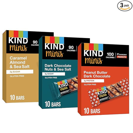 KIND Bar Minis, Variety Pack, Dark Chocolate Nuts and Sea Salt, Peanut Butter, Caramel Almond, Healthy Snacks, 3g Protein, Gluten Free, Low Sugar/Calorie Snacks, 30 Count