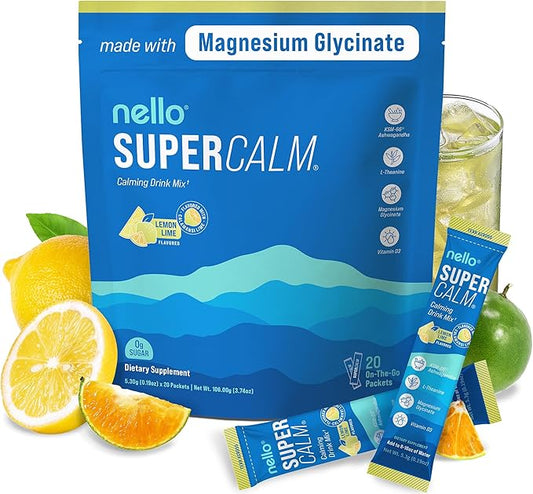 Nello Supercalm Powdered Drink Mix, Cortisol Reducer* and Sleep Aid Supplement, L Theanine, Ksm-66 Ashwagandha, Magnesium Glycinate, Vitamin D 3, No Sugar, Non GMO, On The Go, 20 Ct, Lemon Lime