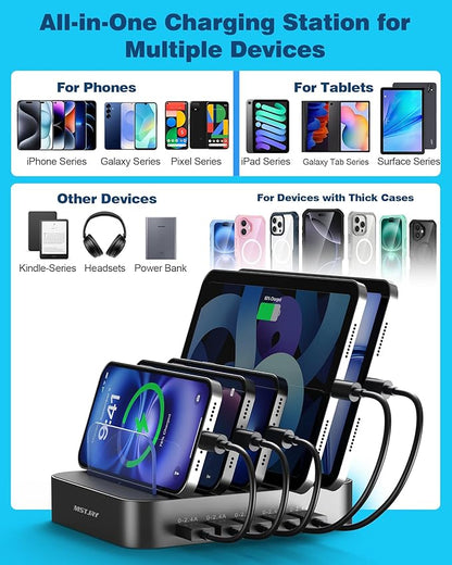 MSTJRY Charging Station for Multiple Devices : 5 Port Multi USB-A Charger Stations Multi-Device Organizer Charging Dock Designed for iPhone iPad Cell Phone Tablets (7 Short Cables Included), Gunmetal