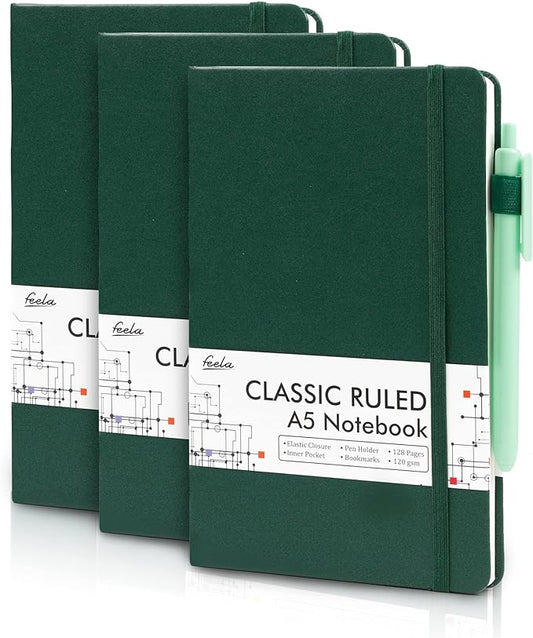 feela 3 Pack Notebooks Journals Bulk with 3 Black Pens, A5 Hardcover Notebook Classic Ruled Lined Journal Set with Pen Holder for Work Business Journaling Note Taking, 120 GSM, 5.1”x8.3”, Dark Green