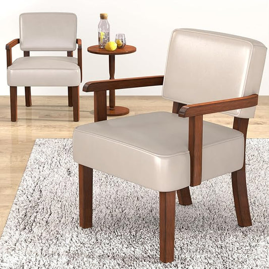 Accent Chair Set of 2 with Table, PU Leather Chair for Living Room Oversized Armchair with Soft Seat and Armrests for Bedroom Dinning Reading Waiting Room (Leather Beige)