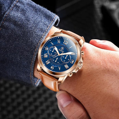 Mens Watches Luxury Dress Waterproof Leather Watch with Date Day Analog Quartz Large Number Wrist Watch Casual Classic Luminous Scales Big Face Easy Read Reloj para Hombre