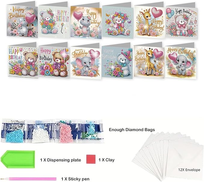 jinglinhh 12pcs Diamond Art Painting Birthday Bear Elephant Giraffe Flower Balloon Greeting Cards with Envelopes, DIY Card Making Kits for Adults, Diamond Art Postcards Christmas Cards Craft Gifts