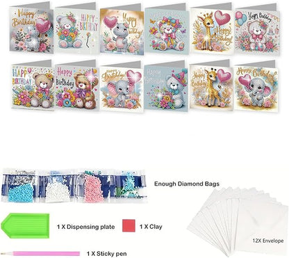 jinglinhh 12pcs Diamond Art Painting Birthday Bear Elephant Giraffe Flower Balloon Greeting Cards with Envelopes, DIY Card Making Kits for Adults, Diamond Art Postcards Christmas Cards Craft Gifts