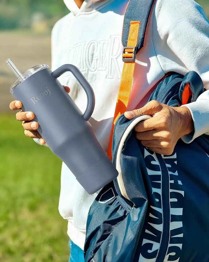 Renoj Tumbler with Handle 100% Spill Resistant Insulated Water Bottle for Iced Coffee & Hot Drinks - Fits Car Cup Holder, Ideal Gift, 2 Straws & Silicone Boot BPA-Free - FlexSlide Navy Blue 40 oz