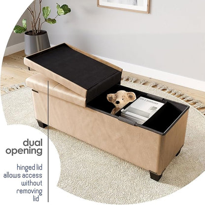 STORAGEBUD Storage Ottoman Bench with Bins, 43-in Storage Bench for Bedroom End of Bed, Folding Foot Rest Ottoman for Living Room Max 660lbs, Faux Leather Ottomans, Taupe
