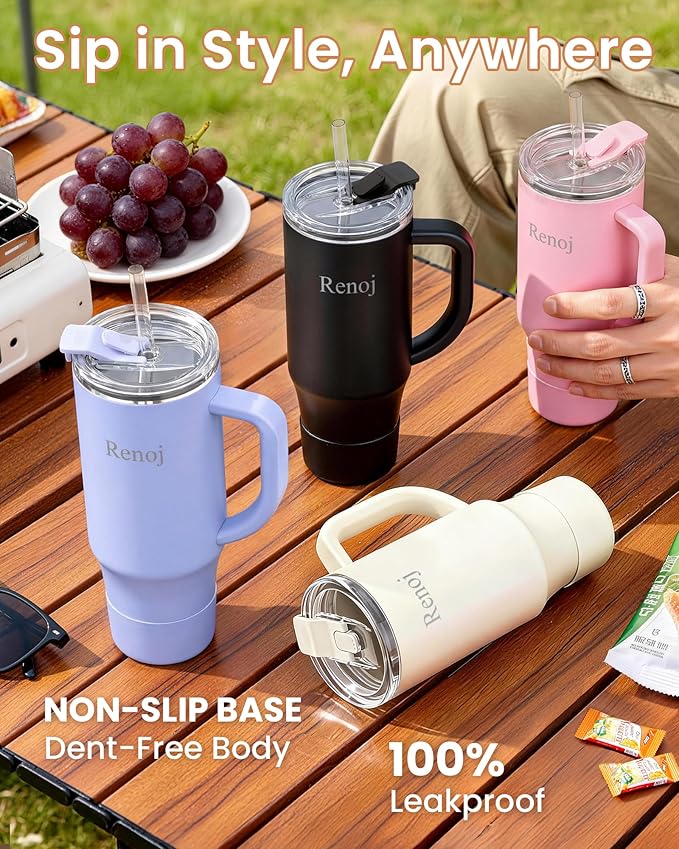 Renoj Tumbler with Handle 100% Leak Proof Insulated Water Bottle for Iced Coffee & Hot Drinks - Fits Car Cup Holder, Ideal Gift, 2 Straws & Silicone Boot BPA-Free - SnapShift Black 40 oz