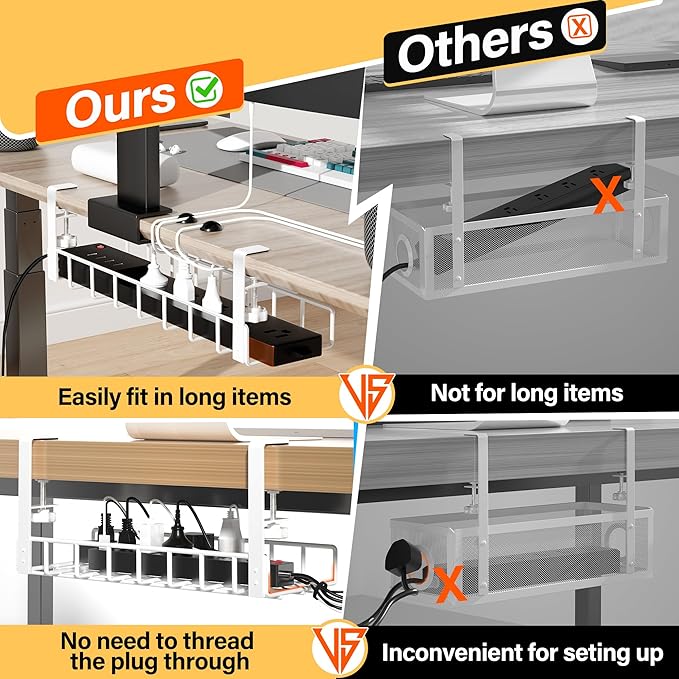 2 Pack Cable Management Under Desk Tray, Xpatee 31.4" No Drill Wire Organizers with Upgraded Clamp, Metal Cord Organization, PC Cable Management Rack, White