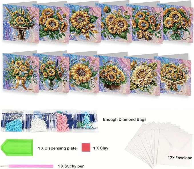 jinglinhh 12pcs Sunflower Basket Diamond Art Painting Greeting Cards with Envelopes, DIY Card Making Kits for Adults, Diamond Art Christmas Cards for Birthday Holiday Postcards Craft Gifts