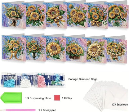jinglinhh 12pcs Sunflower Basket Diamond Art Painting Greeting Cards with Envelopes, DIY Card Making Kits for Adults, Diamond Art Christmas Cards for Birthday Holiday Postcards Craft Gifts