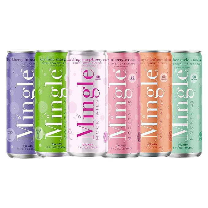 Mingle Mocktails - Blackberry Hibiscus Bellini, Cranberry Cosmo, Key Lime Margarita, Blood Orange Elderflower Mimosa, Cucumber Melon Mojito, Sparkling Raspberry Rose, Variety Pack, Premium Non Alcoholic Cocktails,12 FL OZ Cans (24 Pack Cans)