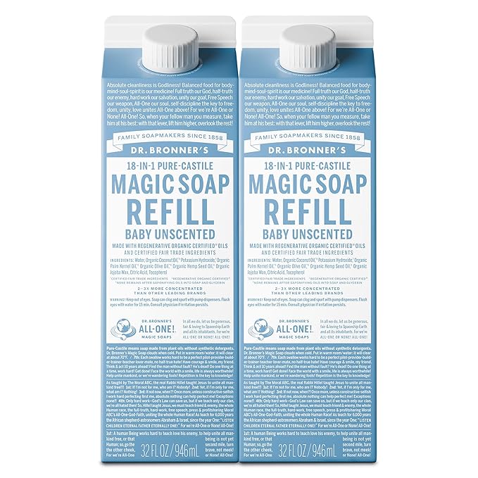 Dr. Bronner's Pure-Castile Liquid Soap Refill - Made with Regenerative Organic Certified Oils, 86% Less Plastic - 18-in-1 Uses, For Face, Body Wash, Hand Soap Refill & More - Baby Unscented, 32oz