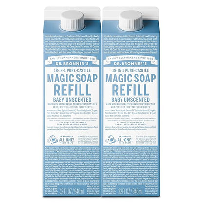 Dr. Bronner's Pure-Castile Liquid Soap Refill - Made with Regenerative Organic Certified Oils, 86% Less Plastic - 18-in-1 Uses, For Face, Body Wash, Hand Soap Refill & More - Baby Unscented, 32oz