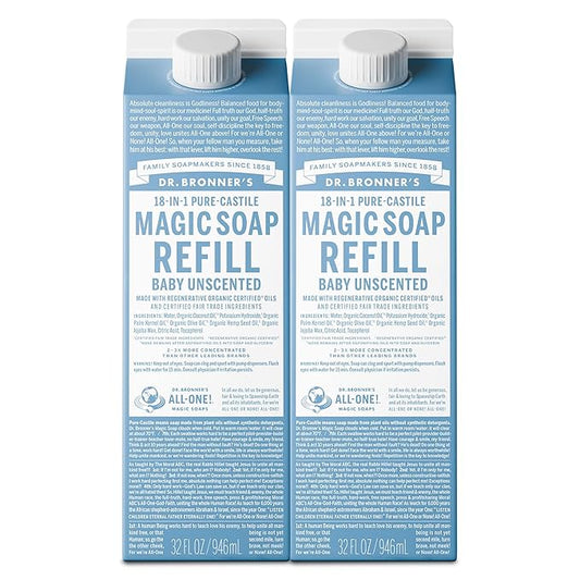Dr. Bronner's Pure-Castile Liquid Soap Refill - Made with Regenerative Organic Certified Oils, 86% Less Plastic - 18-in-1 Uses, For Face, Body Wash, Hand Soap Refill & More - Baby Unscented, 32oz