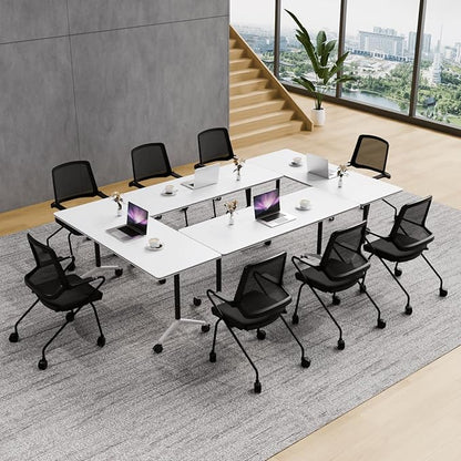Conference Table Folding Conference Room Tables, Modern Mobile Meeting Training Table with Silent Wheels, Foldable Seminar Table for Offices, Classrooms, Libraries (4, white2, 55.1in)