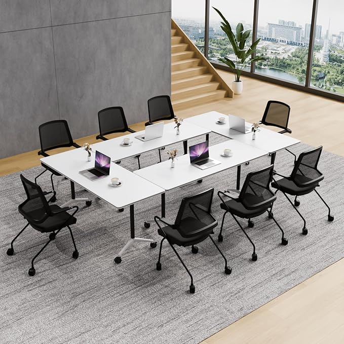 Conference Table Folding Conference Room Tables, Modern Mobile Meeting Training Table with Silent Wheels, Foldable Seminar Table for Offices, Classrooms, Libraries (8, white2, 55.1in)