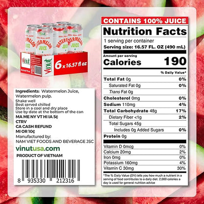 Vinut Natural Watermelon Juice Drink with Pulp, (16.57 fl oz, Pack of 6) Real Watermelon Juice, No Sugar Added, Gluten Free, GMO-Free