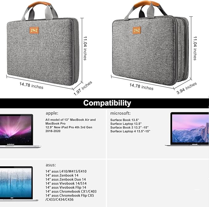 ZINZ Laptop Case 13 13.3 14 inch Sleeve, Expandable Computer Briefcase with Multi-pockets Compatible with 13-14 inch MacBook Air/Pro M4/M3/M2/M1, 13.5 Surface Laptop and 13-14 inch Notebook，D01G01