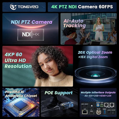 4K NDI PTZ Camera 60FPS, 4KP60 AI Auto-Tracking 20X Optical Zoom Video Conference Camera 1/1.8 UHD CMOS 8.42MP with USB 3G-SDI HDMI LAN Outputs POE Live Streaming for Church Worship Conference Events