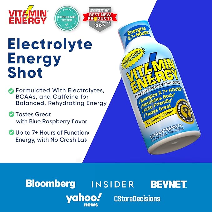 Vitamin Energy Hydration+ Extra Strength Energy Shot Blue Raspberry 10 Pack, 260mg Natural Caffeine, Electrolytes, BCAAs, Amino Acids, Hydration & Performance, Zero Sugar, Gluten-Free, 1.93 fl oz