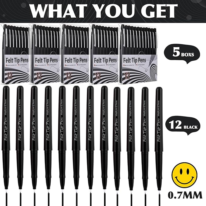 60 Pcs Black Felt Tip Pens 0.7mm Medium Point Pens Bulk, Felt Tip Markers for Journaling, Writing, Note Taking, Planner, Ideal for Office School Art Supplies Gift