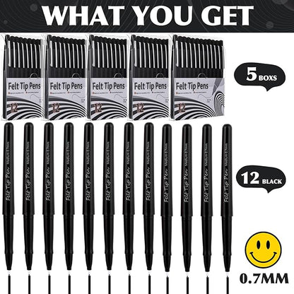 60 Pcs Black Felt Tip Pens 0.7mm Medium Point Pens Bulk, Felt Tip Markers for Journaling, Writing, Note Taking, Planner, Ideal for Office School Art Supplies Gift