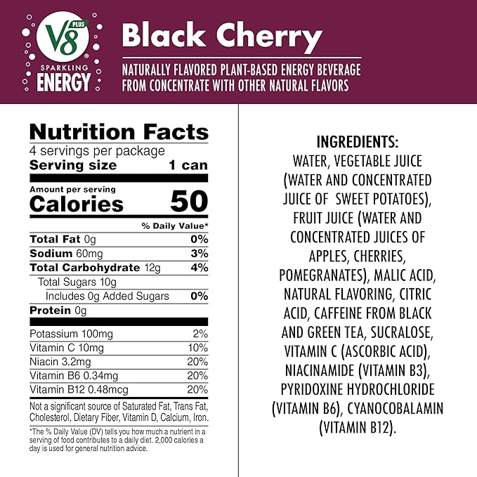 V8 +SPARKLING ENERGY Black Cherry Energy Drink, Made with Real Vegetable and Fruit Juices, 11.5 FL OZ Can 4 Count (Pack of 6)