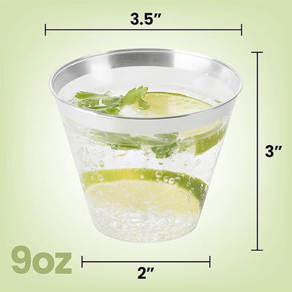 PLASTICPRO 9 oz Disposable Plastic Party Cups,Old fashioned Designed Tumblers, Crystal Clear (Clear With Silver Rim, 200)