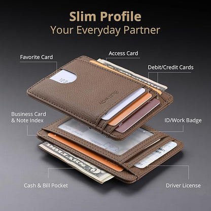 Buffway Slim Minimalist Front Pocket RFID Blocking Leather Wallets for Men and Women - Galaxy Maroon