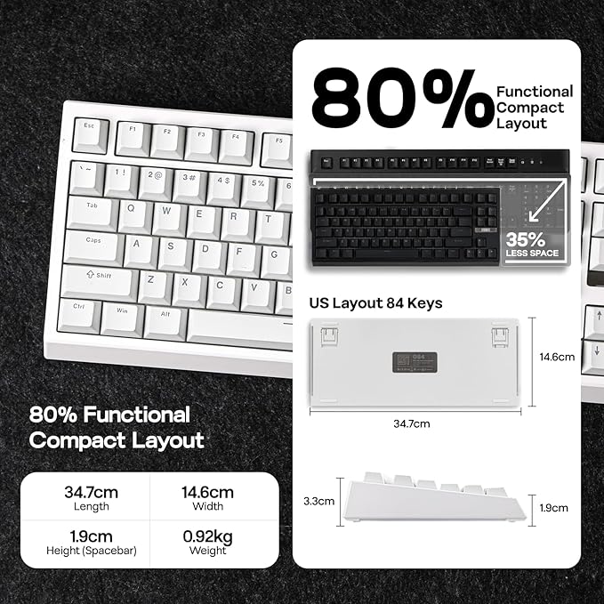 EPOMAKER G84 80% RGB Gaming Mechanical Keyboard, 2.4GHz/ Type-C/BT Wireless Keyboard, QMK/VIA Programmable, Hot-Swappable, NKRO, with Shine Through PBT Keycaps for Gamers (White, Creamy Jade Switch)