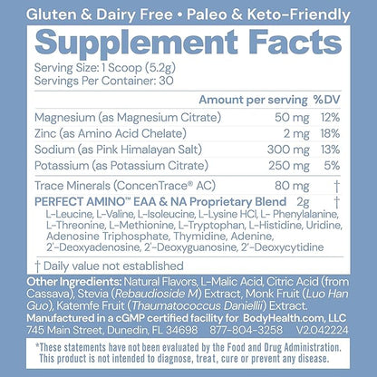 BodyHealth PerfectAmino Electrolytes Powder No Sugar, Keto Sugar Free Fasting Electrolytes Drink Mix, Hydration Powder with Trace Minerals - Watermelon - 30 Servings