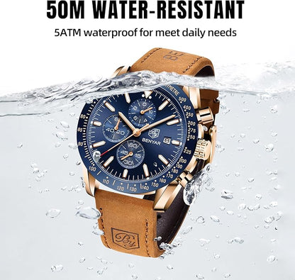 BY BENYAR Watch for Men Analog Quartz Chronograph Waterproof Luminous Designer Mens Wrist Watches Business Work Sport Casual Dress Watch with Silicone Strap Elegant Gifts for Men