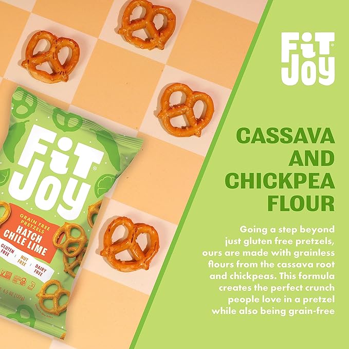 FitJoy Hatch Chile Lime Pretzels (Pack of 6, 5 Oz) - Dairy, Nut & Gluten Free Snacks - Grain Free Cassava Root & Chickpea Flour Vegan Pretzel Twists - Classic Snack Pretzels for Moms and More