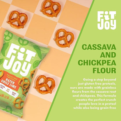 FitJoy Hatch Chile Lime Pretzels (Pack of 6, 5 Oz) - Dairy, Nut & Gluten Free Snacks - Grain Free Cassava Root & Chickpea Flour Vegan Pretzel Twists - Classic Snack Pretzels for Moms and More