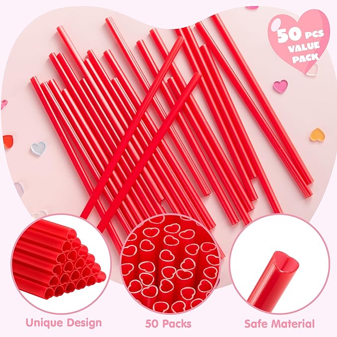 JOYIN 50 Pcs Valentine's Day Heart Shaped Red Straws, 8.3” Plastic Heart Straws Disposable & Reusable, Valentines Day Birthday Wedding Party Bridal Shower Cocktail & Soft Drinks Tableware Supplies
