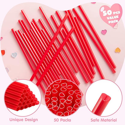 JOYIN 50 Pcs Valentine's Day Heart Shaped Red Straws, 8.3” Plastic Heart Straws Disposable & Reusable, Valentines Day Birthday Wedding Party Bridal Shower Cocktail & Soft Drinks Tableware Supplies