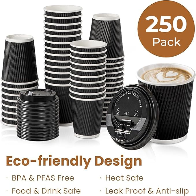 Fit Meal Prep 250 Pack 12 oz Black Disposable Coffee Cups with Lids & Stirrers, Corrugated Triple Wall To Go Hot Cups, Insulated Paper Coffee Cups for Hot Beverages, Travel, Home, Office (Black Lids)