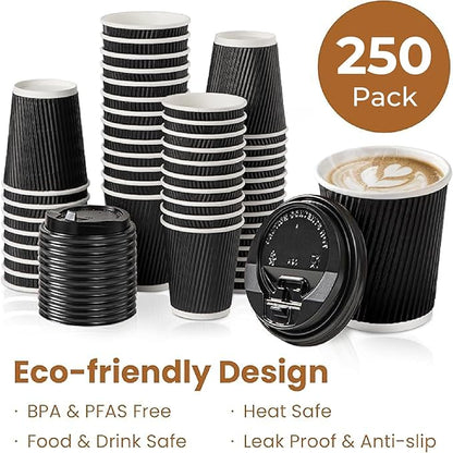 Fit Meal Prep 250 Pack 12 oz Black Disposable Coffee Cups with Lids & Stirrers, Corrugated Triple Wall To Go Hot Cups, Insulated Paper Coffee Cups for Hot Beverages, Travel, Home, Office (Black Lids)