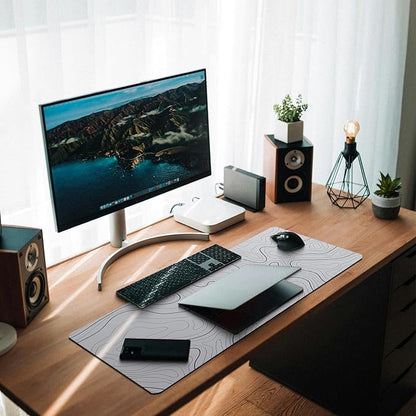 MAY FLOWER Large Gaming Mouse Pad, Full Keyboard Mat, Long Laptop Mousepad, Computer Mouse Mat for Home and Office, Anti-Slip Rubber Base, 31.5 x 11.8 Inches (Grey White Topographic Map)