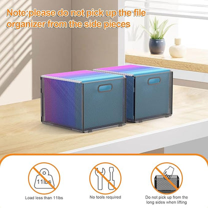 Hanging File Organizer, File Box Organizer with Handle, Metal Mesh Hanging File Folder Box, Letter Size Filing Crate Bin Holder for Home Office Desk(2 Pack)