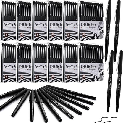 144 Pcs Black Felt Tip Pens 0.7mm Medium Point Pens Bulk, Felt Tip Markers for Journaling, Writing, Note Taking, Planner, Ideal for Office School Art Supplies Gift