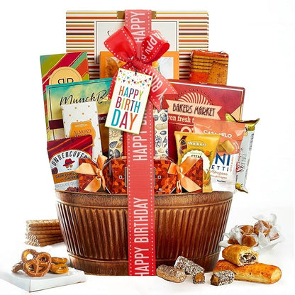Broadway Basketeers Birthday Gift Basket – Gourmet Snacks & Sweet Treat Box with Cookies, Candy, Chocolates & more - Food Gift Basket for Women, Men & Families - Happy Birthday Surprise Box, Kosher
