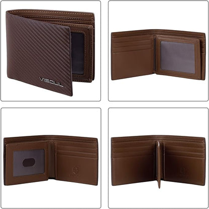 VISOUL Mens Carbon Fiber Leather Bifold Wallet with 2 ID Windows, RFID Blocking Stylish Wallet for Men with 2 Cash Compartments (Brown+Brown)