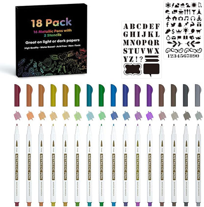 18 Pack Metallic Marker Pens, Lineon 16 Colors Fine Tip Paint Pens with 2 Stencils for DIY Craft Photo Album Rock Art Painting Card Making Glass Wood