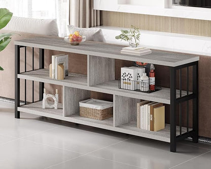 IBF Grey Bookshelf, Industrial 63” Long Open Book Shelf, Wide 5 Cube Gray Horizontal Bookcase for Home Bedroom, 3 Tier Wood Metal Low Cubby Storage Organizer Shelf for Living Room, Light Grey Oak