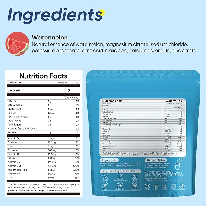 VitalHarvest 36 Sticks Electrolytes Powder Packets No Sugar Hydration Packets Electrolyte Liquid Daily IV Drink Mix with Watermelon, Low Sodium, 0 Calorie